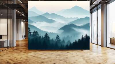 silhouette of a mountain range with pine trees, nature vector landscape Wall mural