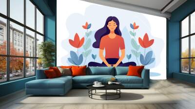 Woman sitting with a flower illustration in the background, good mental health yoga lifestyle and selfcare vector Wall mural