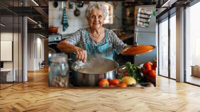 Cheerful elderly woman cooking homemade meal in cozy kitchen, stirring pot while surrounded by fresh vegetables, embodying active aging and culinary passion Wall mural