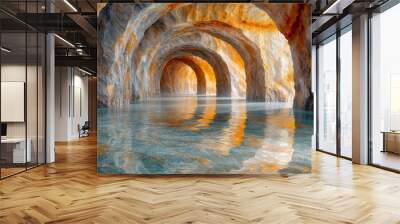 Golden archways reflected in serene water, a natural stone cavern illuminated by soft daylight, embodying tranquility and timelessness Wall mural