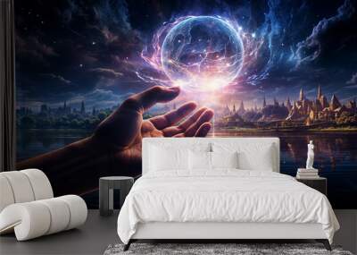 Mystical hand conjuring cosmic energy sphere above tranquil lake, illuminating distant fantasy cityscape under starry night sky Wall mural