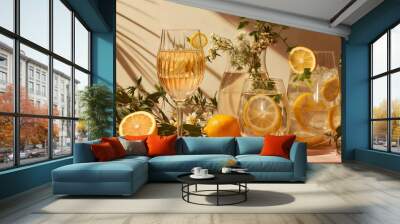 Refreshing summer cocktails with citrus and herbs, elegant glassware arrangement in warm sunlight, evoking relaxation and celebration Wall mural