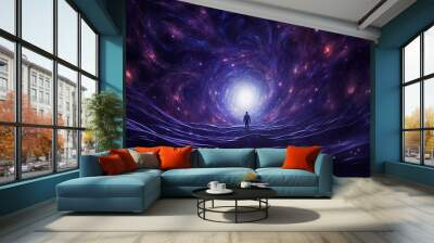 Solitary figure facing cosmic wonder, silhouetted against swirling galaxy and brilliant light, standing on rippling cosmic surface amidst starry expanse Wall mural