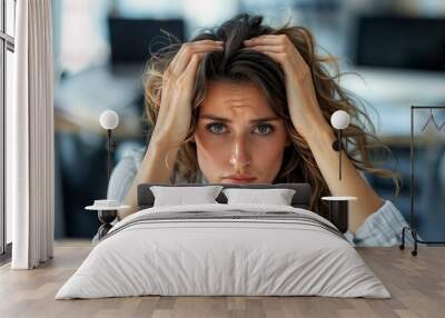 Stressed young woman in office setting holding head in frustration, showing anxiety and burnout, with blurred background of modern workplace Wall mural