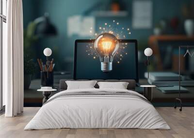 Floating light bulb on laptop showing technology innovation and startup concept. Business idea and innovation concept Wall mural