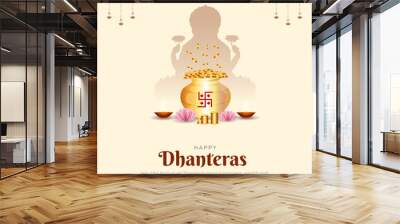 Happy Dhanteras Post and Greeting Card. Hindu Festival Shubh Dhanteras Celebration Poster with Goddess Lakshmi Mata Vector Illustration Wall mural