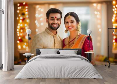 Young happy Indian couples holding puja thali and celebrating Diwali festival together wearing traditional attire Wall mural