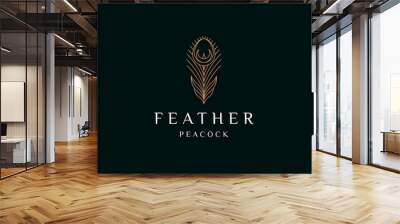 Peacock feather elegant gold logo icon design template flat vector illustration Wall mural