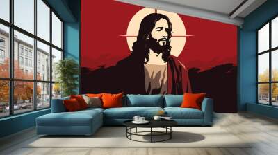 An illustration of Jesus Christ with a long beard and hair, wearing a robe with a red background and a white halo behind him. Concept of faith and Christianity Wall mural