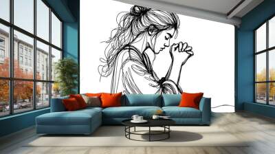 Continuous line drawing of Christian women prayer. Illustration woman praying. Continuous line drawing. One Line Drawing of Prayer Hand Wall mural