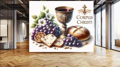 Corpus Christi with chalice bread and grapes. Holy communion on table on church. Biblical illustration in watercolor Wall mural