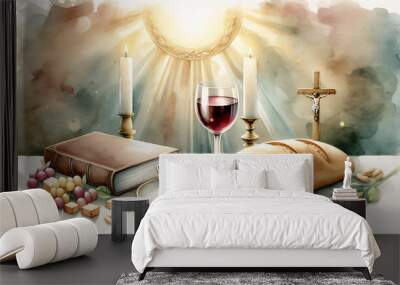 Corpus Christi. Sacred eucharistic symbols chalice of wine and bread. Holy communion still life. Eucharistic symbols. Symbols of the Lord's Supper: Bible, glass of wine and bread on the table Wall mural