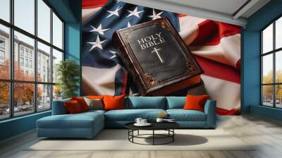 Holy bible resting on american flag, symbol of faith and patriotism. Sacred Symbols of America Wall mural