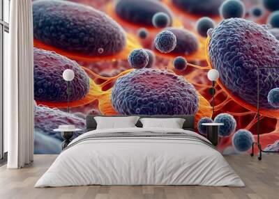 Medical concept of bacteria of violet blue colors on a blue background under a microscope. Wall mural