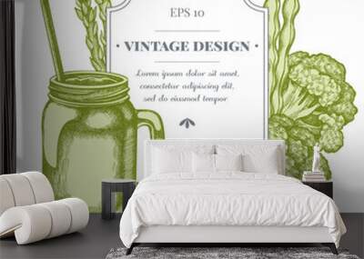 Badge design with pastel broccoli, green beans, smothie jars Wall mural