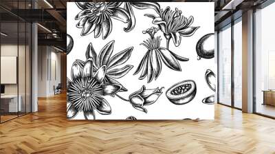 Seamless pattern with black and white passion flower Wall mural