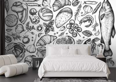 Vector set of hand drawn black and white garlic, cherry tomatoes, peas, fish, shrimp, cabbage, beef, buns and bread, croissants and bread, basil, rosemary Wall mural