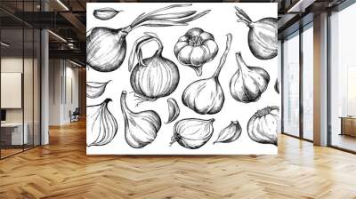 Vector set of hand drawn black and white onion, garlic Wall mural