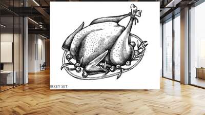 Vector set of hand drawn black and white turkey Wall mural