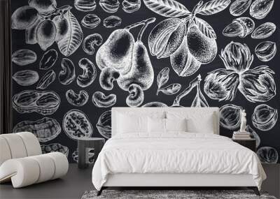 Vector set of hand drawn chalk cashew, peanut, pistachio, etc. Wall mural