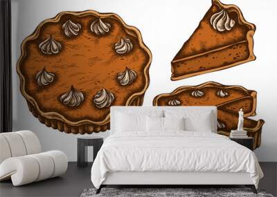 Vector set of hand drawn colored pumpkin pie Wall mural