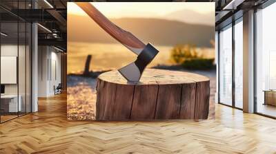 Closeup of a Sharp Axe on a Log: Rural Woodcutting Tool