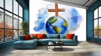 Global Faith: Watercolor Depiction of Earth and Christian Cross Symbolizing Spirituality and Belief Wall mural