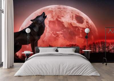 Wolf Howling at the Blood Moon: A Mystical Lunar Eclipse Landscape Wall mural