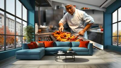 Grilling Spicy Chicken Wings in a Stainless Steel Kitchen with Warm Lighting Wall mural