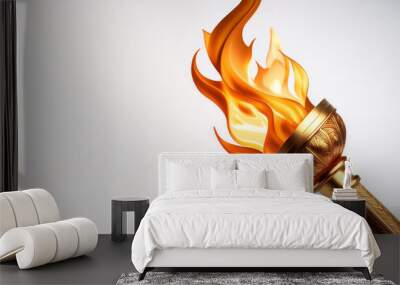 A golden torch emitting bright orange flames on side position provides copy space for text. background concept isolated white Wall mural