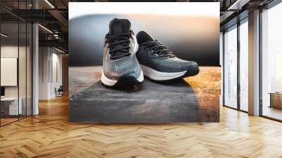 A pair of insulated running shoes on a concrete surface. Sports Shoes Wall mural