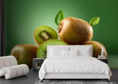 a pile of kiwis against a bright green background Wall mural