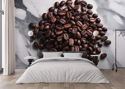 Black coffee beans isolated on marble background Wall mural