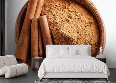 Cinnamon sticks and powder, isolated on white background Wall mural