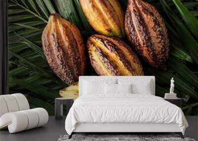 Fresh, Pile, Ripe and juicy sweet cocoa fruits. Halves food summer background Wall mural