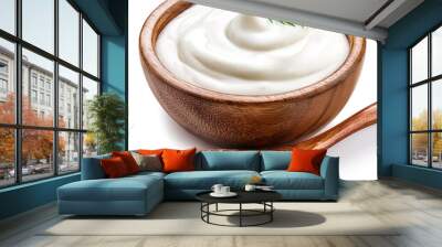 sour cream in wooden bowl and spoon, mayonnaise, yogurt, isolated on white background Wall mural