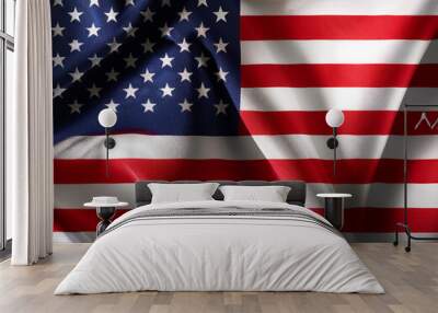 USA Flag waving in the wind. Close up of USA banner blowing, soft and smooth silk. Cloth fabric texture ensign background Wall mural