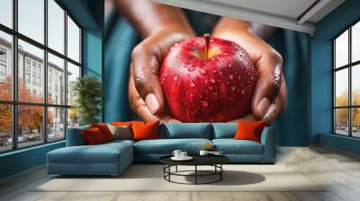 Woman's hand holding a fresh red apple with water drops Wall mural