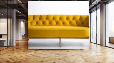 Yellow Chic modern sofa with button tufts and angular wooden legs on side position provides copy space for text. background concept isolated white Wall mural