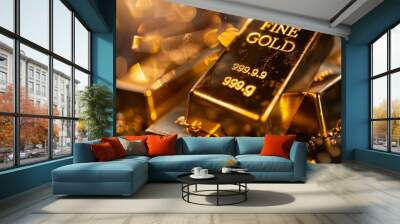 Gleaming gold bars array showcasing wealth and financial stability on dark backdrop

 Wall mural