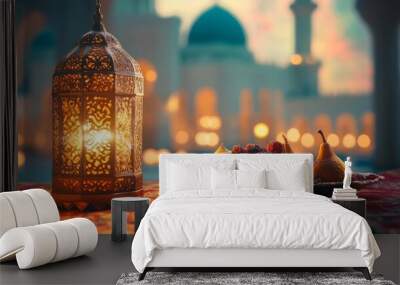 Golden Lantern and Fruit on a Table in a Mosque Setting Wall mural