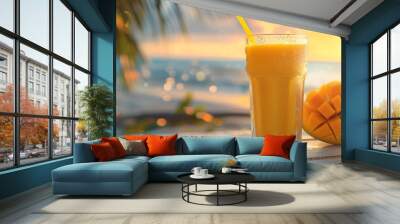 Refreshing mango smoothie on a tropical beach at sunset, evoking a sense of relaxation and summer vibes. Generative Ai Wall mural