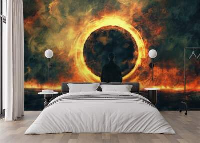 Silhouette of a Man Meditating Before a Fiery Portal Wall mural