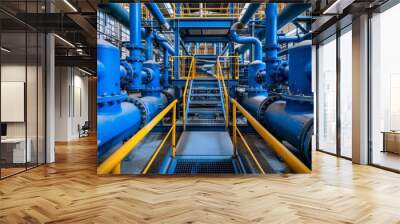 Symmetrical view of an industrial pump room with blue pipelines and stairway Wall mural