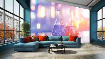 Two Erlenmeyer Flasks Filled with Different Liquids on a Reflective Surface Wall mural