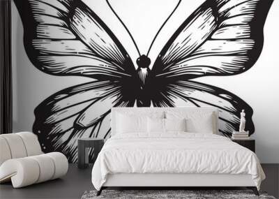 Hand drawn single butterfly outline art silhouette illustration in white background Wall mural