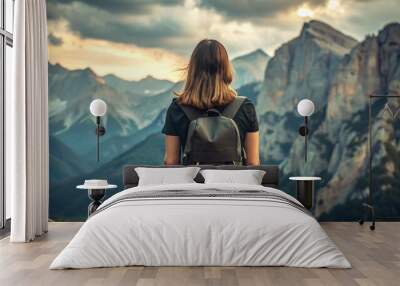 Woman travelling on mountain, adventure and travel style background photo Wall mural