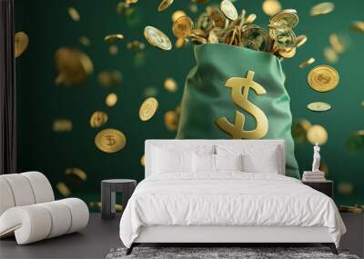 A green money bag overflowing with coins on a dark green background, symbolizing wealth and financial prosperity Wall mural