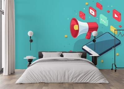 Mobile notification, loudspeaker, mobile application advertising and promotion, digital PR management, cartoon isomeric flat Wall mural