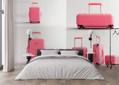 Bright pink luggage set displayed from different angles in a minimalist setting Wall mural